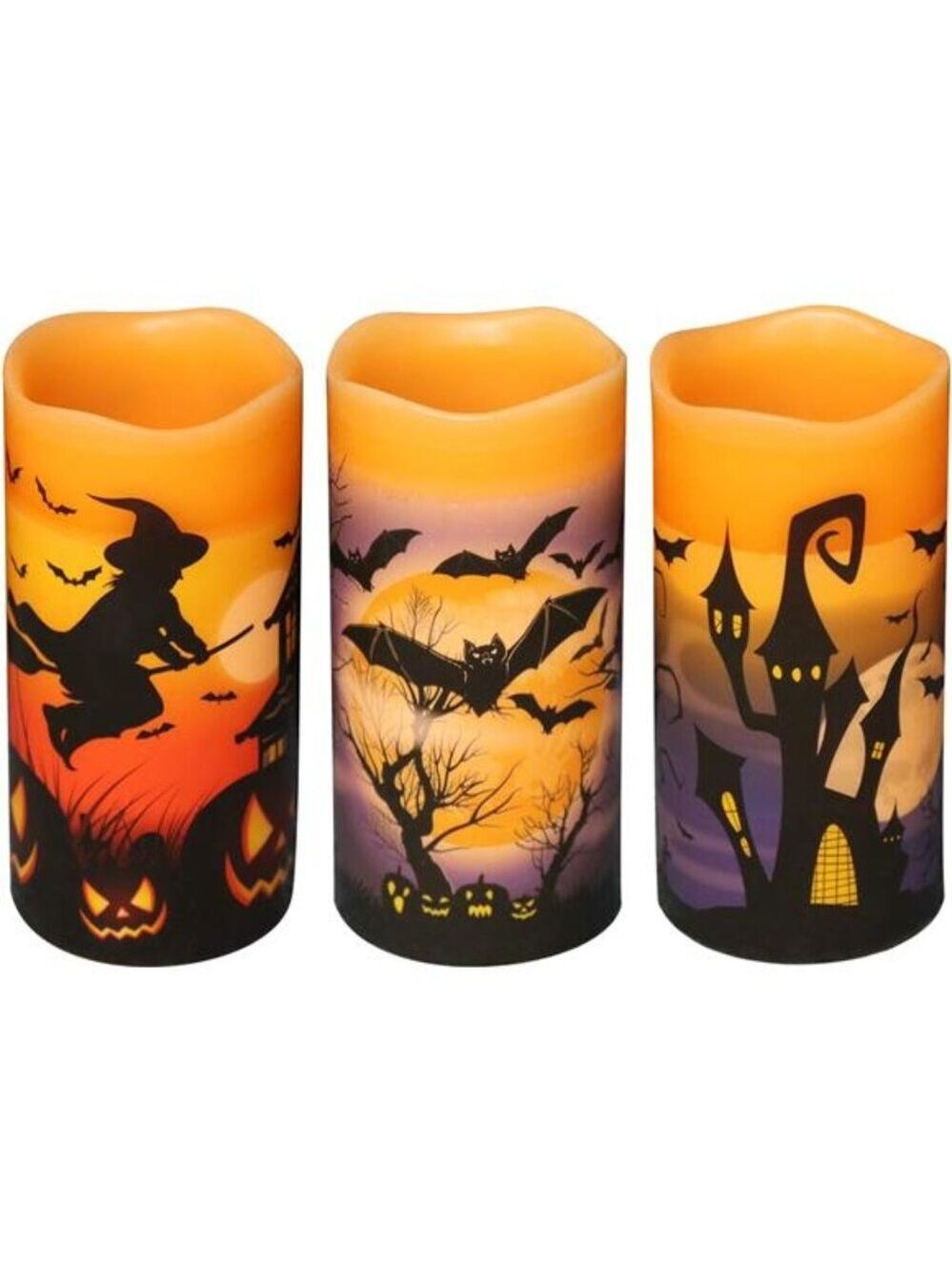 Halloween LED Flameless Candles Set of 3 Orange Wax Timer Flickering Decor